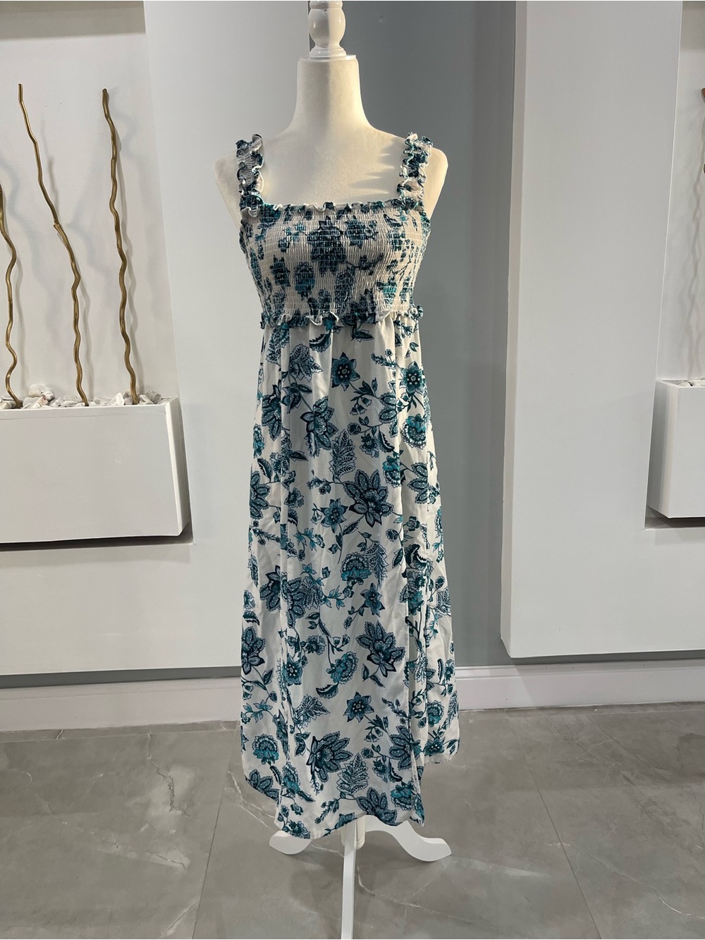 Emma & Michele White Maxi Dress with Teal Floral Print